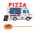 Pizza Food Truck and Hot Round Pizza on Wooden Shovel Vector Set