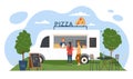 Pizza food truck and people, cafe van with vendor on street market or festival in park
