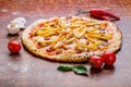 Pizza with french fries and sausage. Appetizing pizza with cheese and potatoes