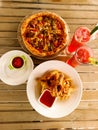 Pizza and fried chicken in velve cafe