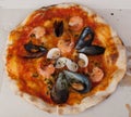 Pizza `frutti di mare` with mussels, clams and shrimps Royalty Free Stock Photo