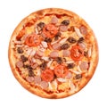Pizza with ground beef, sausage, ham, tomato and cheese isolated on white Royalty Free Stock Photo
