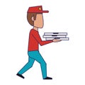 Pizza guy with delivery on hands blue lines Royalty Free Stock Photo