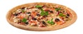 Pizza with ham, bacon, salami, mushrooms, tomatoes and olives isolated on white Royalty Free Stock Photo