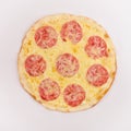 Pizza with ham and cheese on a white background. Top view