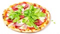 Pizza with ham, rucola, and vegetables on white background, AI Generative Illustration Graphic Design Art Icon Symbol Sign Logo Royalty Free Stock Photo