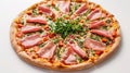 Pizza with ham, rucola, and vegetables on white background. Generative Ai Royalty Free Stock Photo