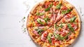 Pizza with ham, rucola, and vegetables on white background. Generative Ai Royalty Free Stock Photo