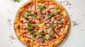 Pizza with ham, rucola, and vegetables on white background. Generative Ai Royalty Free Stock Photo