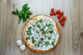 Pizza ham and sour cream white sauce cheese and dill top Royalty Free Stock Photo