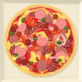 Pizza with ham, various varieties of sausage, cheese, ketchup, vegetables and herbs