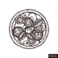 Pizza hand drawn sketch. Vector food drawing. Engraving style Pizza with spicy salami. Italian kitchen illustration.