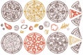 Pizza hand drawn vector illustrations collection. Stylized greek, margherita, pepperoni, veggie, ham and mushrooms and