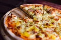Pizza Hawaiian Cheese On Wood Table. Homemade Food Concept