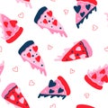 Pizza heart pattern in pink and blue colors for Valentines day. Vector romantic repeat background. Lovely print. Royalty Free Stock Photo