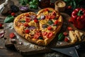 Pizza heart shaped with pepperoni, tomatoes, mozzarella, on vintage wooden table background. Concept for Valentines Day. Royalty Free Stock Photo