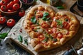 Pizza heart shaped with pepperoni, tomatoes, mozzarella, on vintage wooden table background. Concept for Valentines Day. Royalty Free Stock Photo