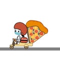 Pizza home delivery girl with face mask on scooter with big mascot cartoon vector