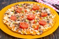 Pizza hommemade on orange plate. Royalty Free Stock Photo