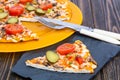Pizza hommemade on orange plate. Royalty Free Stock Photo