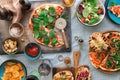 Pizza, hot dog, salad, wine, beer and snacks for beer Royalty Free Stock Photo