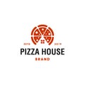 Pizza house logo vector. tasty red pizza home made label icon concept logo template.