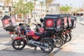 Pizza Hut food delivery motorcycles. Transport equipped for the transportation of ready meals