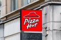 Pizza Hut sign. Pizza Hut is an American restaurant chain and international franchise which was founded in 1958