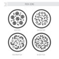 Pizza icon set. Meat, seafood, vegetarian, desert pizza.