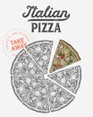 Pizza illustration for italian cuisine restaurant, menu template Royalty Free Stock Photo