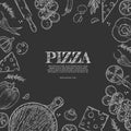 Pizza ingredients background. Linear graphic. Tomato, garlic, basil, olive, pepper, mushroom, leaf.
