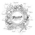 Pizza and ingredients, black outline on a white background Royalty Free Stock Photo