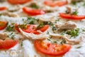 Pizza ingredients are closeup. Tomatoes, chicken, cheese, dill.