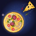 Pizza and ingredients on a dark blue background with stars.