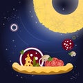 Pizza and ingredients on a dark blue background with stars.