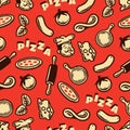 Pizza ingredients pattern in vintage style with red background