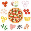 Pizza and ingredients for pizza, vector illustration Royalty Free Stock Photo