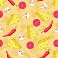 Pizza ingredients seamless pattern on coloured background Royalty Free Stock Photo