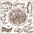 Pizza ingredients sketch vector icons for Italian pizzeria restaurant design Royalty Free Stock Photo