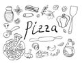 Pizza with ingredients and supplies hand drawn set Royalty Free Stock Photo