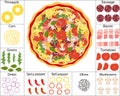 Pizza ingredients. Vector template for creating your own pizza from ingredients: dough, sausage, bacon, tomatoes, mushrooms, Royalty Free Stock Photo