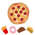 Pizza isolated on a white background. As well as French fries, doughnuts, a piece of cake, a hamburger. Vector illustration Royalty Free Stock Photo