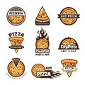 Pizza labels. Pizzeria logo design italian cuisine pie food ingredients vector colored badges template Royalty Free Stock Photo