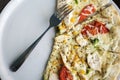 Pizza leftovers in plate. Shallow depth of field.