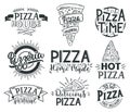 Pizza lettering quotes. Italian pizza, fast food lettering quotes, pizzeria menu food labels. Street food cafe pizza Royalty Free Stock Photo