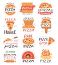 Pizza lettering vector italian food sign of pizzeria or pizzahouse for typography print illustration set of baked pie or