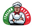 PIZZA logo. Chef, Italian food badge, label. Emblem for restaurant menu design or signboard. Cartoon vector illustration Royalty Free Stock Photo
