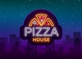 Pizza logo emblem neon sign. Logo in neon style, bright neon sign with Italian food promotion, pizzeria, snack, cafe