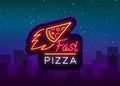 Pizza logo emblem neon sign. Logo in neon style, bright neon sign with Italian food promotion, pizzeria, snack, cafe