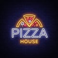 Pizza logo emblem neon sign. Logo in neon style, bright neon sign with Italian food promotion, pizzeria, snack, cafe